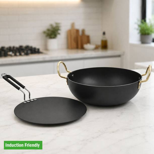SAATWICK Saatwick Elite Black & Gold Induction-Ready Kadhai and Tawa Cookware Set Induction Bottom Non-Stick Coated Cookware Set