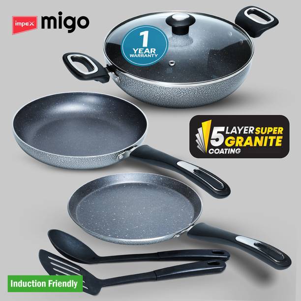 IMPEX Nonstick Induction Bottom Granite Festival GiftMFKT 5 Layer Super Granite Induction Bottom Non-Stick Coated Cookware Set