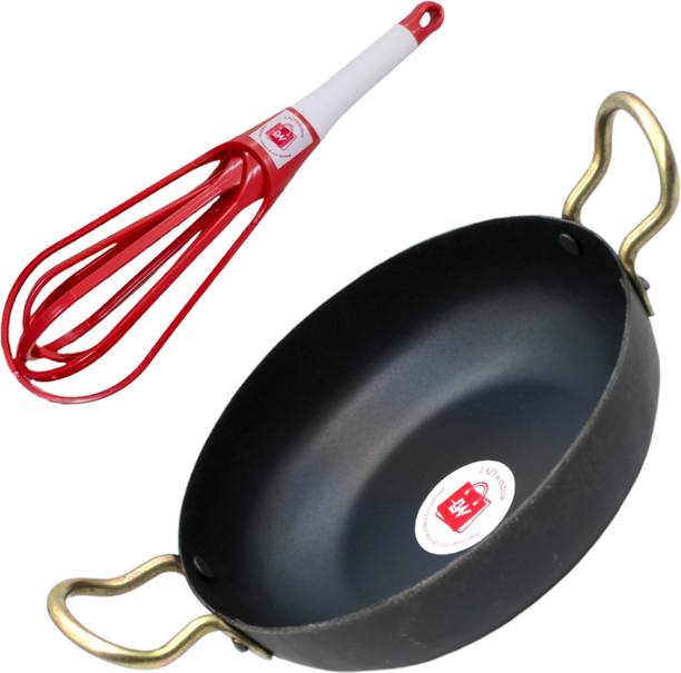 LAZYwindow Iron Deep Bottom Kadhai & Foldable Plastic Whisker Beater Hand Blender Mixer इंडक्शन बॉटम कुकवेयर सेट