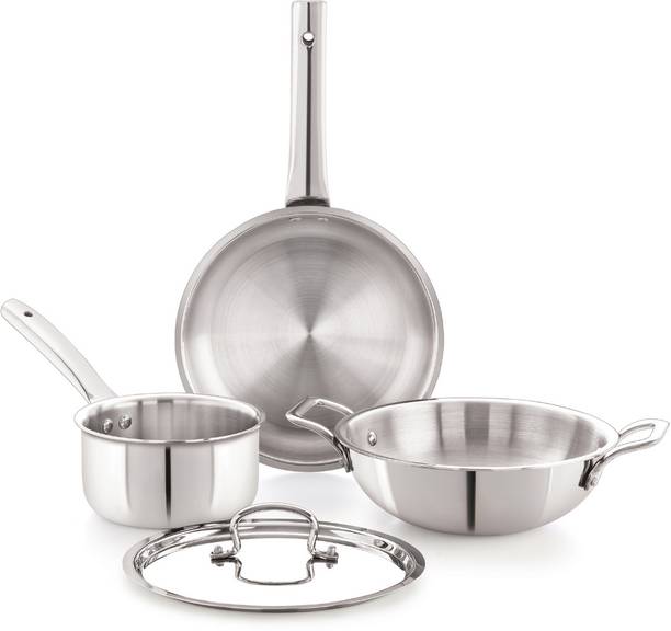 iVBOX Platina-Pro 4pcs Triply Steel Fry pan, Milk Pan and Kadhai With Lid इंडक्शन बॉटम कुकवेयर सेट