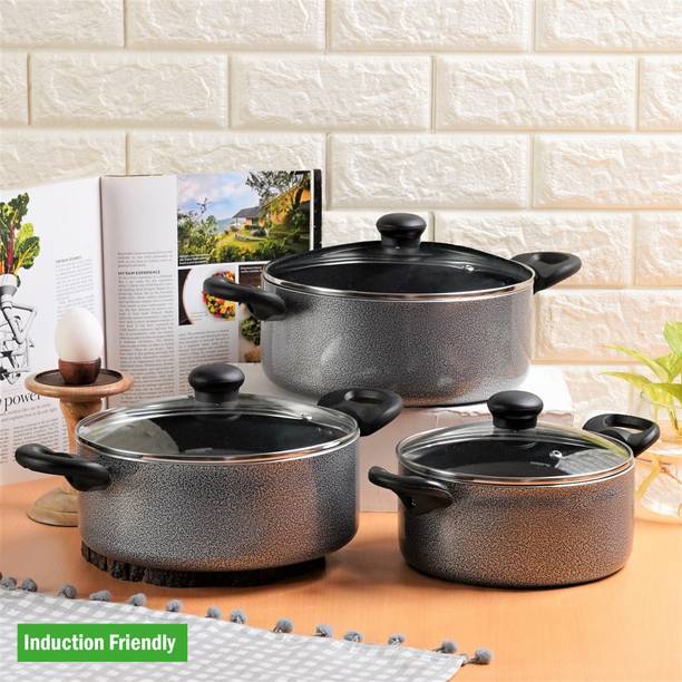 Kreme DELUXE 3mm Induction Bottom Casserole 2.5L + 3.5L + 4.5L Set of 3 pcs Induction Bottom Non-Stick Coated Cookware Set