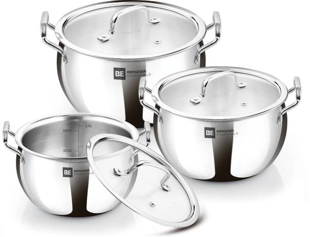 BERGNER BE Essentials TriPly Handi Set - 16cm/2L, 18cm/3.2L, 20cm/4.2L, 3 Glass Lids | Induction Bottom Cookware Set
