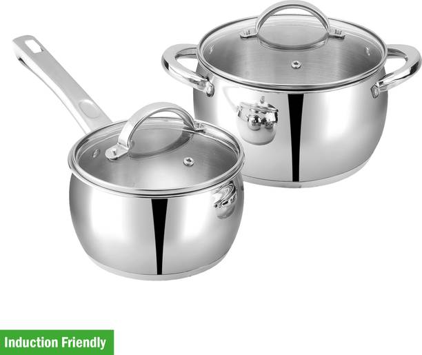 VINOD Letten Stainless Steel Cookware Set - 2 Pcs, Saucepan,Saucepot with Glass Lid Induction Bottom Non-Stick Coated Cookware Set