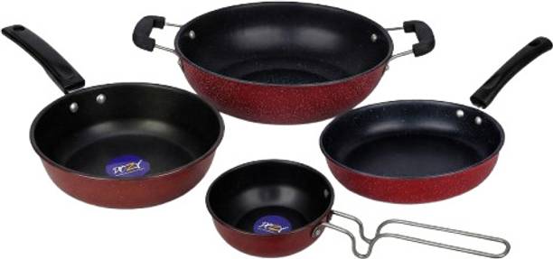 Dozy Non-Stick Maroon Cookware Set (3L Kadhai, Frypan, Saucepan & Tadka Pan) Induction Bottom Non-Stick Coated Cookware Set