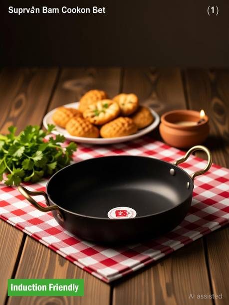 LAZYwindow Traditional Iron Deep Bottom Kadai / Frying Kadhai with Handle + Surprise Gift Induction Bottom Cookware Set