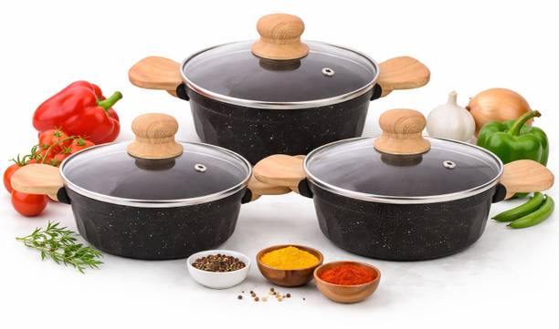 SWIFT 3 Pcs Non-Stick Cooking Pot Combo with Glass Lid | Wooden Handles | Induction Induction Bottom Non-Stick Coated Cookware Set