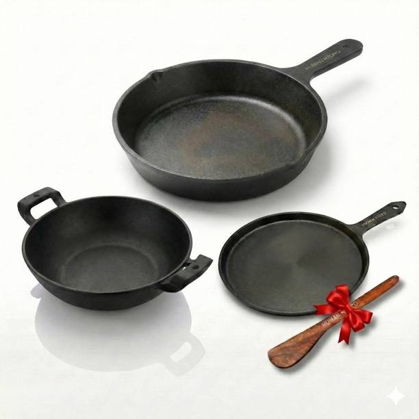 Human Hydro Cast Iron 25cm Single Handle Tawa, 24cm Fry Pan, 26cm Kadai With Wooden Spatula Induction Bottom Cookware Set