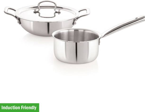 iVBOX Platina-Pro 3pcs Triply Steel 16cm Sauce Pan/Milk Pan and 24cm Kadhai With Lid Induction Bottom Cookware Set