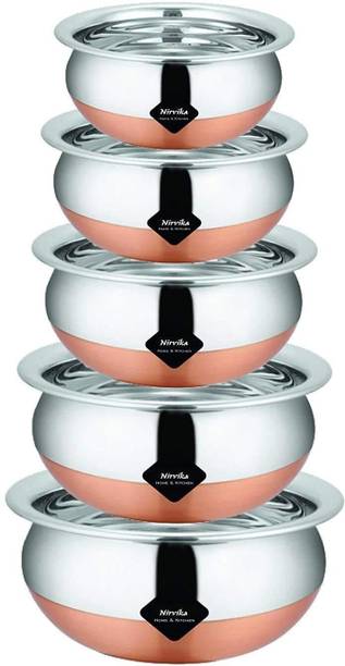 Nirvika Stainless Steel Copper Bottom handi set seving Cooking Bowl set Non-Stick Coated Cookware Set
