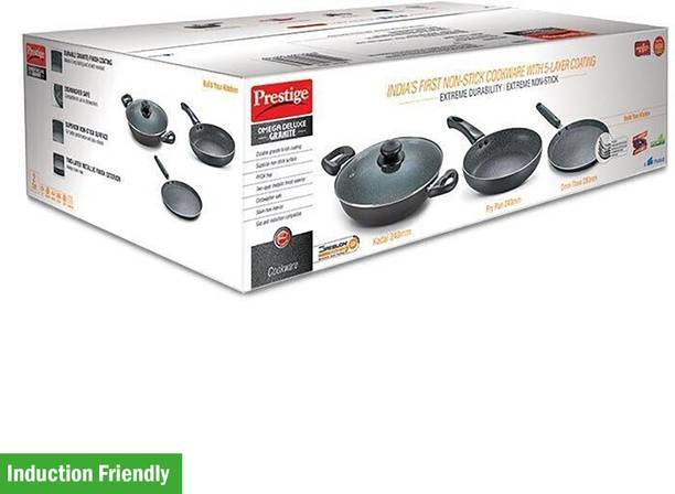 Prestige Deluxe Granite 3 Pcs with 1 Glass Lid Kitchen Set Induction Bottom Non-Stick Coated Cookware Set