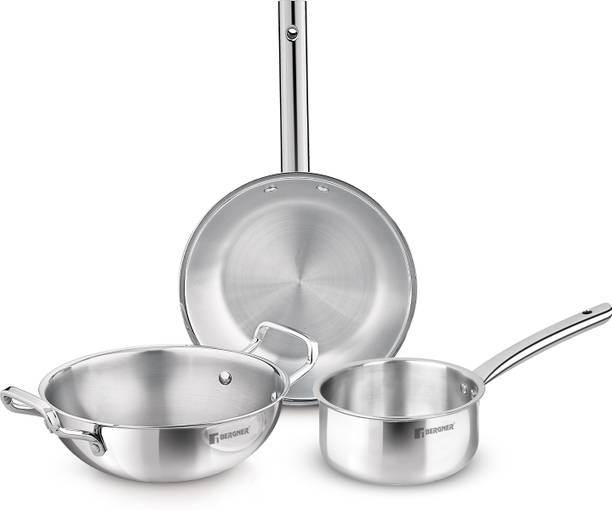 BERGNER TriPro 3 Pcs Triply Set of 22cm/2.1L Kadai, 22cm/1L Frypan, 14cm/1.1L Teapan, Induction Bottom Cookware Set