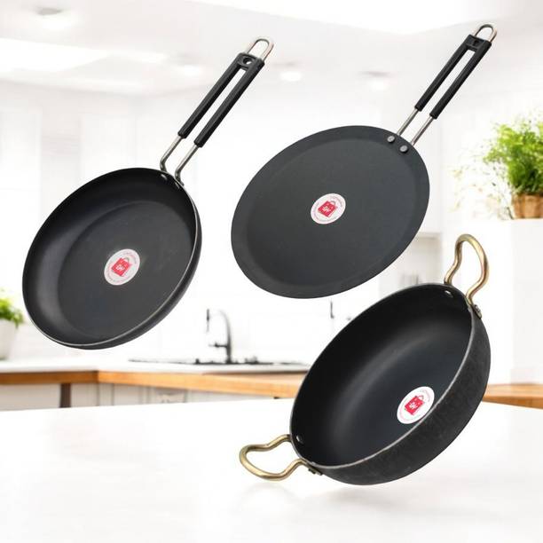 LAZYwindow Iron Fry Pan, Dosa Tawa And Kadhai Combo Pack Induction Bottom Cookware Set