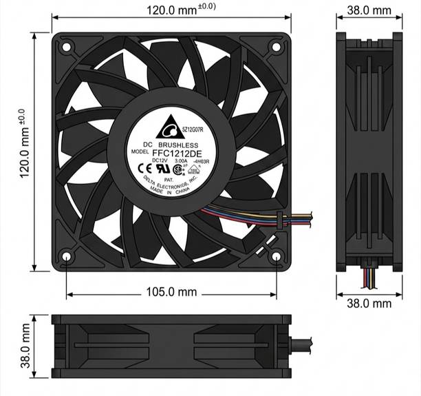 Black Air 5500RPM 12038 12V DC 3A FFC1212DE | High CFM 4 WIRES SERVER FAN | DUAL BEARING Cooling Fan Cabinet Cooler