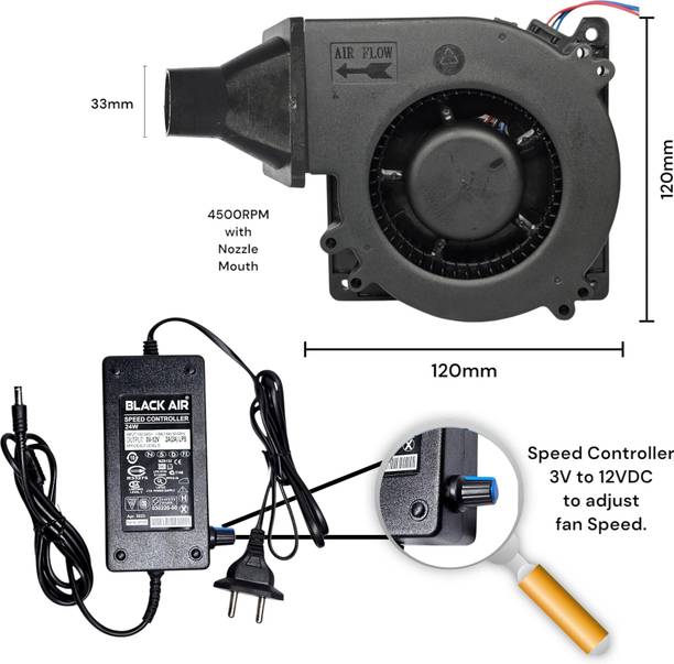 Black Air 120x32mm 12VDC 1.65A 4500RPM BLOWER FAN WITH NOZZLE AND CONTROLLER FOR BBQ STOVE Cooling Fan Cabinet Cooler