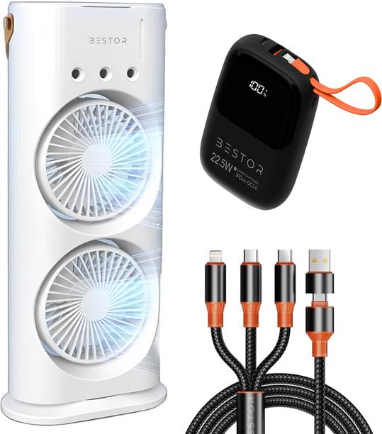Bestor Portable USB Mist Fan w/ RGB LED, Dual Spray, Remote & 5-in-1 Cable & Fast Charging Power Backup for USB Fan