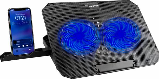 zebion ZEFER Z5 Laptop Cooling Pad with Mobile Stand, Blue LED Dual Fan, Dual USB Port, 2 Fan Ergonomic Cooling Pad with Adjustable Height
