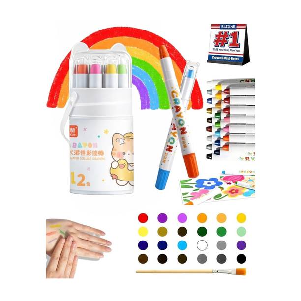 MCFIY Twist Crayons 12 Colors and 10 sticker, Washable, Water-Soluble, 3-in-1 Crayon
