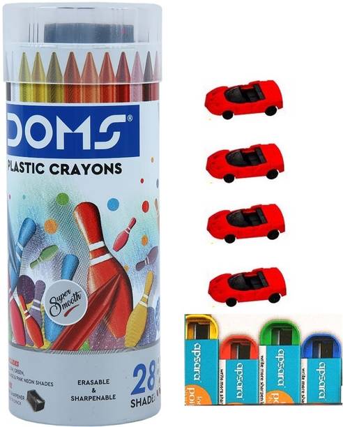 DOMS Plastic Crayons 28 Shade With Car Eraser and Sharpner
