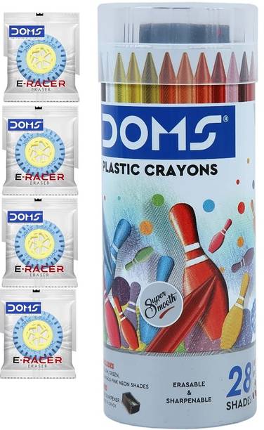 DOMS 28 Shades Erasable Plastic Crayons Round Tin Box WITH 4 ERACER ERASER