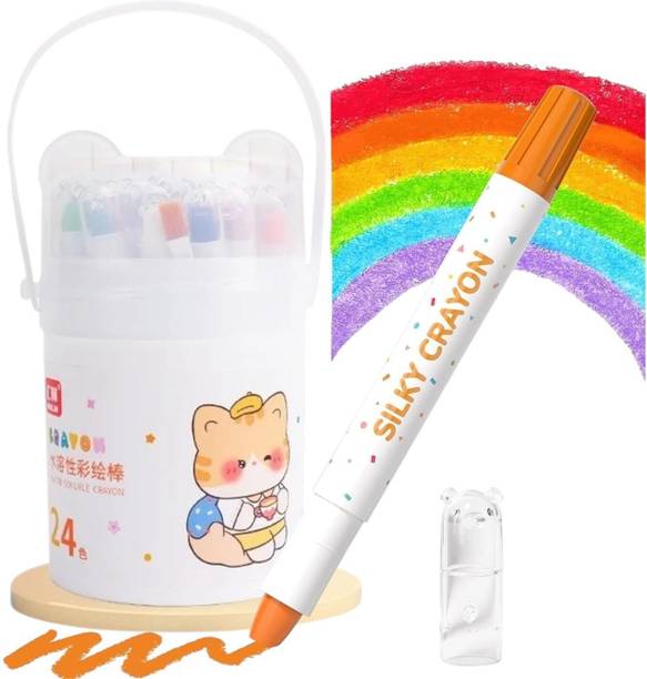 Jaravik Washable Silky Crayon Set, 24 Colors, Cute Bear Design Bucket with Handle