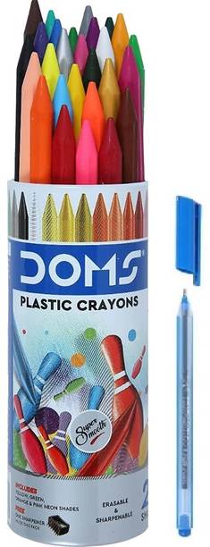DOMS 28 Shades Plastic Crayon Erasable and Ball Blue Pen