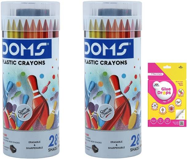 DOMS Plastic Crayons 28 Shade Set Of 2 With Glue Drops