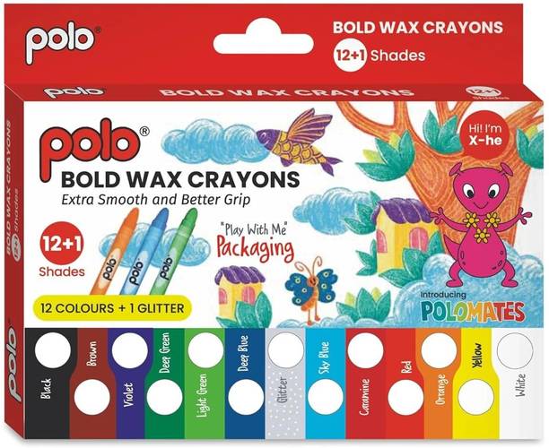 polo colours Polo Bold Wax Crayons Set - 12+1 Shades with Glitter