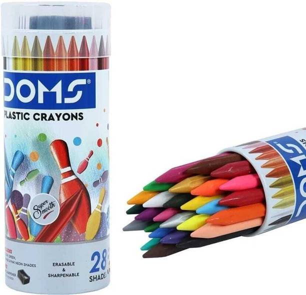 DOMS Plastic Crayons 28 Shades in Round Tin Box