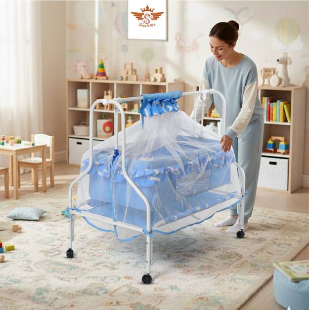 STEELOART Baby Cradle Mattress Design More Space Mosquito Protection Net All Wheel Lock
