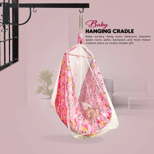 DIVI DIVINE New Born Baby Cotton Hanging Cradle Jhula Jhoola Bed Bedding Set Swing with Mosquito Net &amp; Cradle Stand and Spring for Baby Boy &amp; Girl 0-12 Months