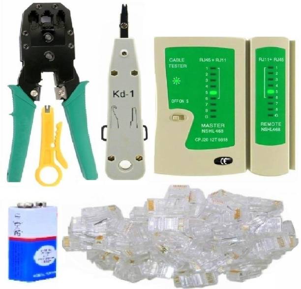 BALRAMA 55pc Combo Crimper + RJ 45 Cable Lan Network Tester with 9 Volt Battery + RJ 45 Cable Wire Connectors Modular Plugs + Crimping Tool + Krone Kd-1 Tool Punch Down Tool + Rotatary Mini Cable Wire Stripper Cutter Crimping Tool With Cable Stripping Punch Down Tool Rj45 Rj11 Rj12 4p 6p 8p 3-In-1 Modular Crimping Tool with Cutter &amp; Stripper Wire Cable Stripping Electric Cable Wire Stripper Crimper Electrician Plier Cutter Crimping Cable Cutter Hand Tool for Lan Wire Cctv Camera Telephone Electric Wire Ethernet Network Lan Adsl Computer Maintenance Repair Tools Manual Crimper
