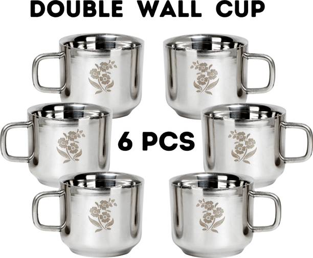 Q4S Pack of 6 Stainless Steel, Steel Cup for coffee tea double wall insulated cup for hot drink 95 ML