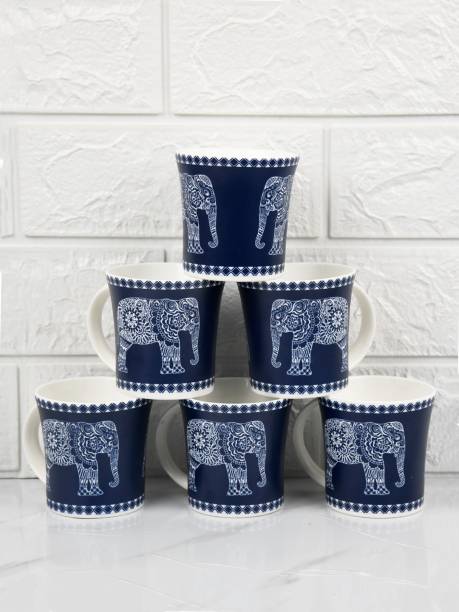 Femora Pack of 6 Bone China Fine Bone China Majestic Elephant Design Tea Cups (160 ml) - 6 Pcs Set (Blue)