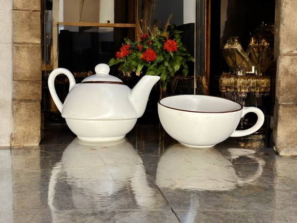 CITARRA Pack of 2 Bone China Bone China Glossy White Tea Pot with Single Cup | 400ml Pot & 250ml Cup