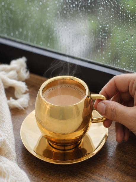 LASER ART Pack of 1 Stainless Steel Gold Plated Stainless Steel Cup & Saucer | Stylish Luxury Tea Coffee Serving Set