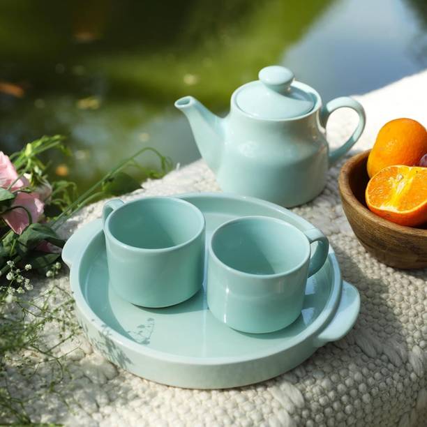 प्राही लाइफस्टाइल Luxury Tea Cup Set with Kettle & Serving Tray | Powder Blue colour| Diwali gifts सिरेमिक