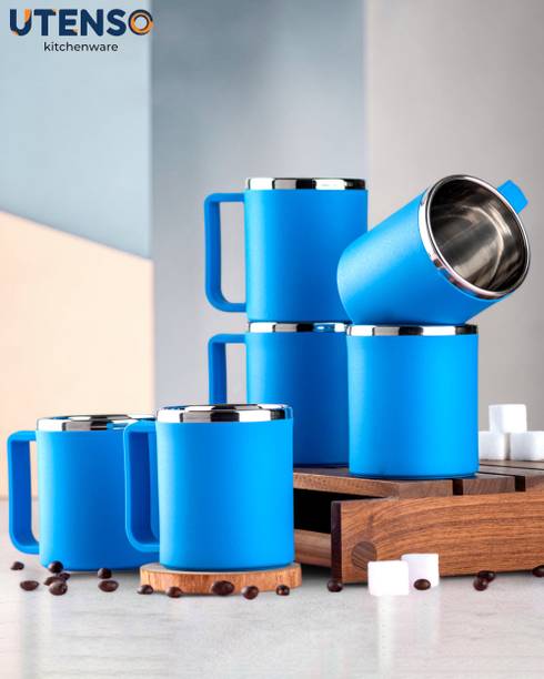 UTENSO Pack of 6 Plastic, Stainless Steel Scratch Proof Thermal Tea Cup Set of 6 Matte Stackable 220ml Dishwasher Safe