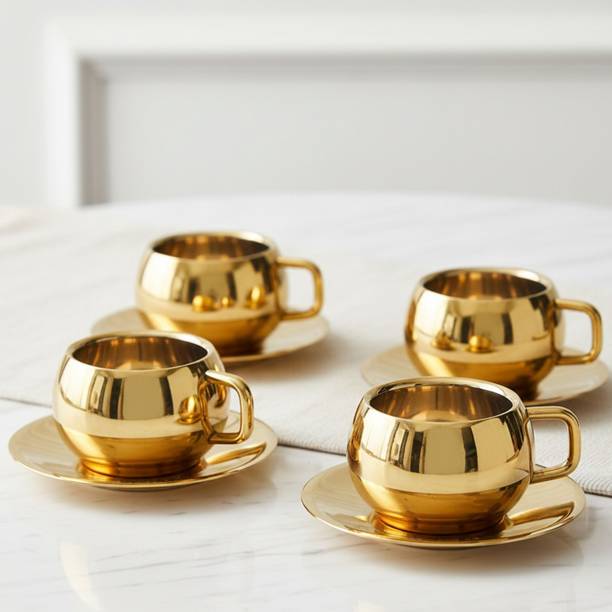 लेसर आर्ट Golden Tea & Coffee Cup with Saucer Set | Premium Stainless Steel Gold Finish स्टेनलेस स्टील
