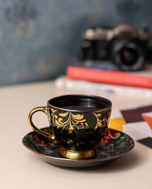 LVOOK Bone China Black Gold Cup and Saucer