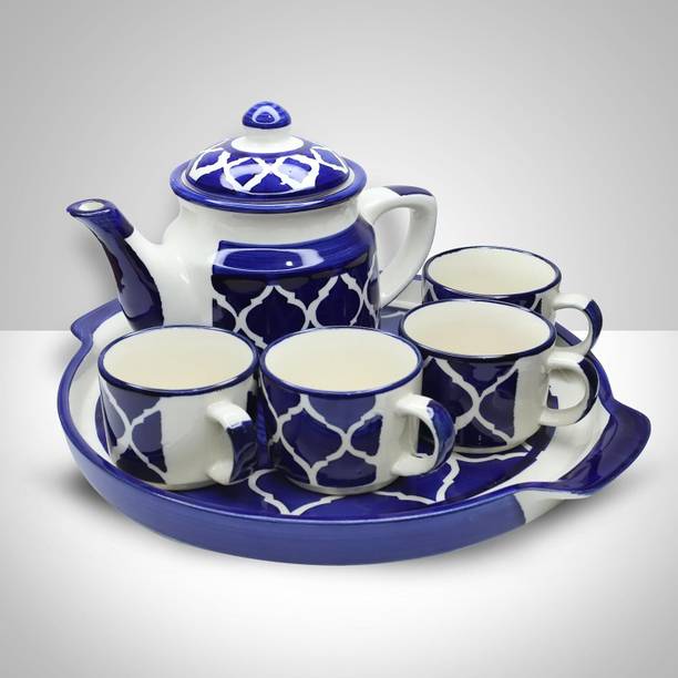 अर्थीस्टोन Hand Painted Ceramic Tea Pot Kettle Set of 4 Cups 180ml Kettle 800ml and Tray सिरेमिक