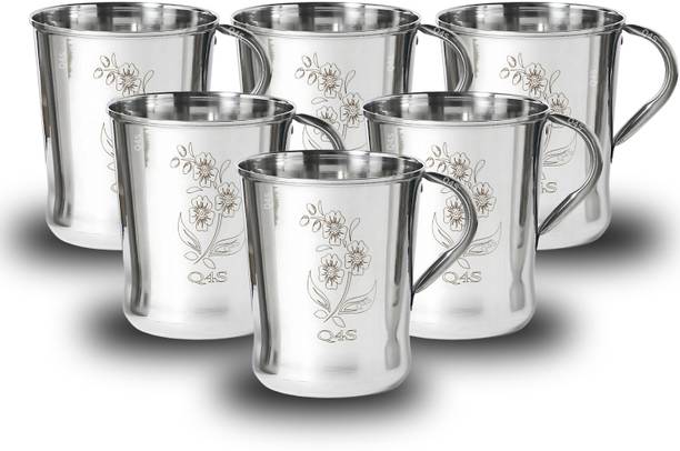 Q4S Pack of 6 Stainless Steel Cup set for tea coffee chai cups gloss shine steel surface with flower print