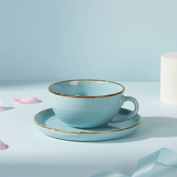 CERAMYKA Pack of 1 Ceramic Cappuccino Cup with Saucer Set – 320ml Pastel Turquoise Blue Speckled Design