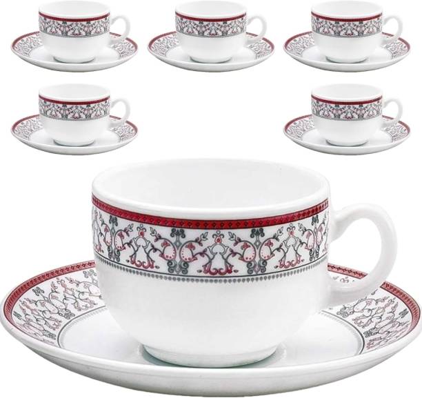 Dautaniya Pack of 12 Bone China Opalware Glass Moroccan Pink Tea Cup with Saucers