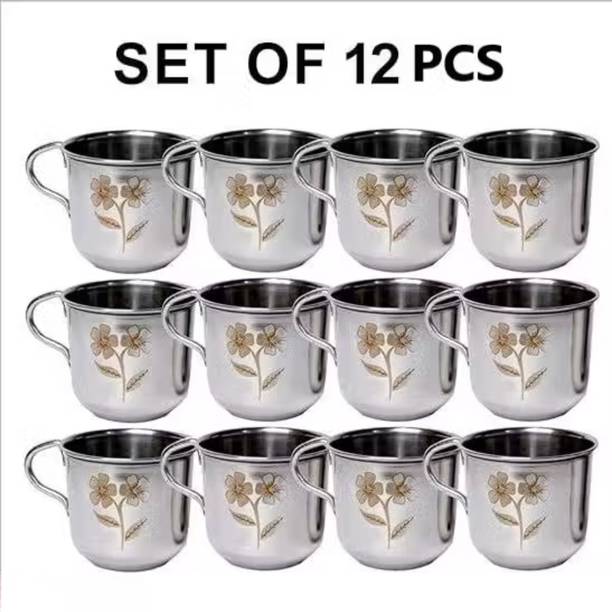 Veatool Pack of 12 Stainless Steel Pack of 12 Stainless Steel Tea Cups 100ml Each, Laser Designed, Silver Finish