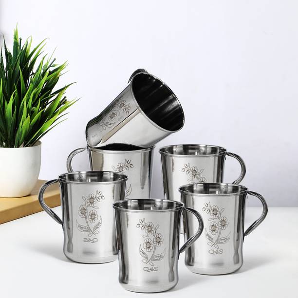 Q4S Pack of 6 Stainless Steel Cups set for tea , coffee Glossy silver finish with floral design daily use