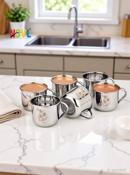 NSVL Pack of 6 Stainless Steel Single Wall Tea Cup Set | Laser Design | Silver Mirror Finish | Break Resistant