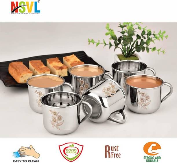 NSVL Pack of 6 Stainless Steel Single Wall Tea Cup Set | Laser Design | Silver Mirror Finish | Break Resistant