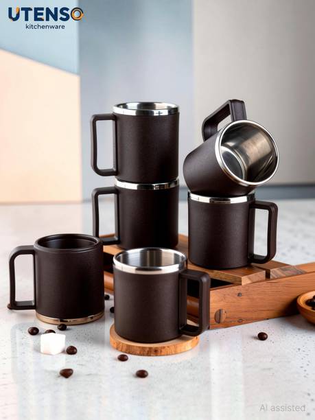 UTENSO Plastic, Stainless Steel Hot Cold Retention Tea Cup Set of 6 Matte Stackable 220ml Dishwasher Safe