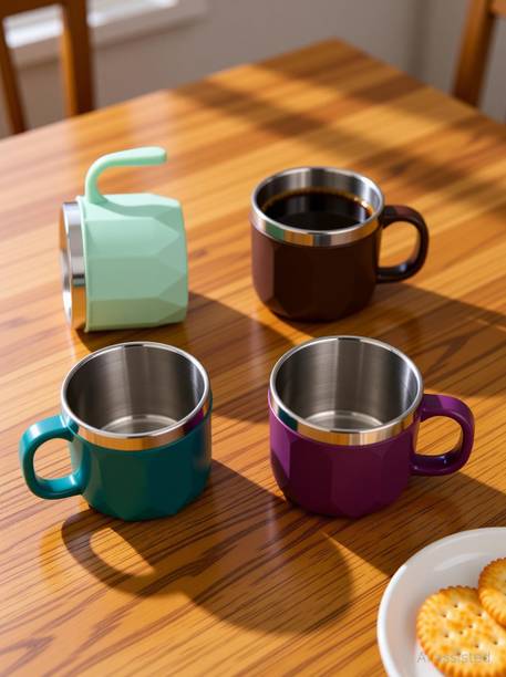 MAGICSPOON Pack of 4 Stainless Steel Stainless Steel, Plastic Tea Cup Set, Coffee Cup (Multicolour, 100ml, Pack of 4)