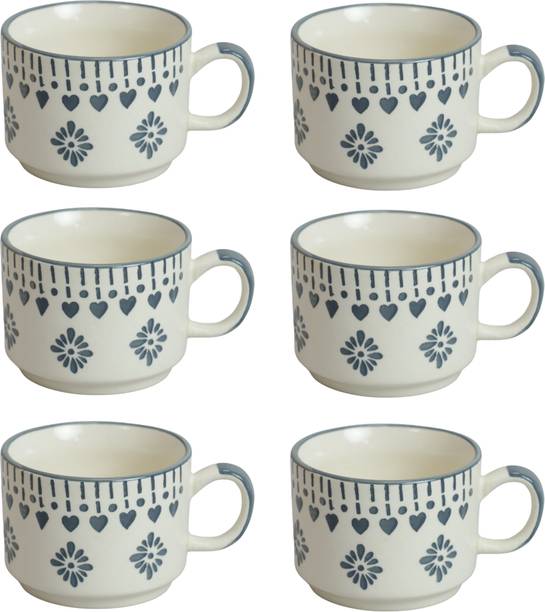Saras Aajeevika Pack of 6 Ceramic KHURJA POTTERY MURLI CUP PAINTING GREY FLOWER SO6